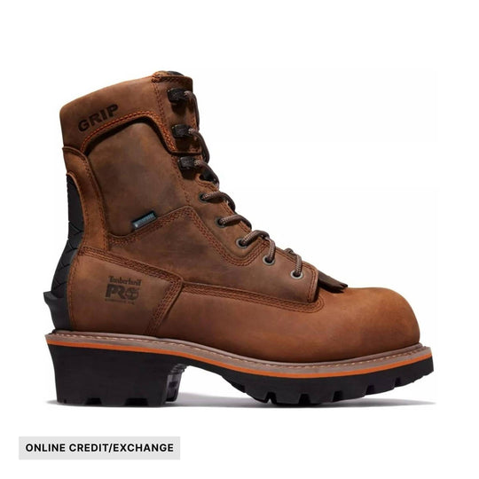 Brown lace-up work boot with black lug sole and GRIP text on the shaft