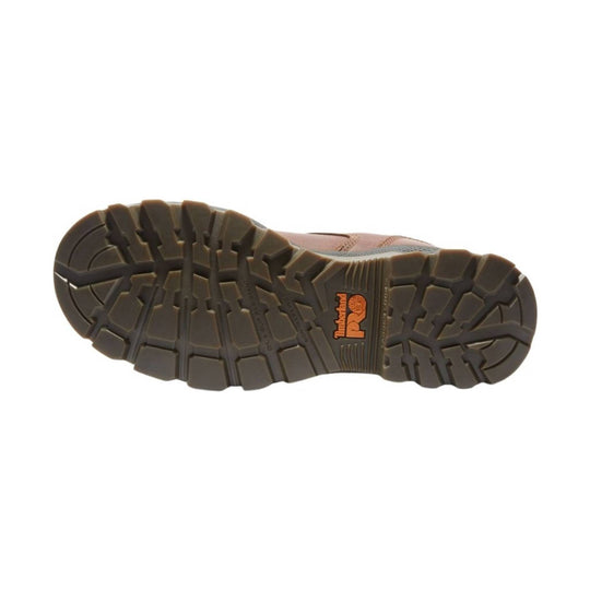 Boot outsole with deep tread and orange Timberland Pro logo