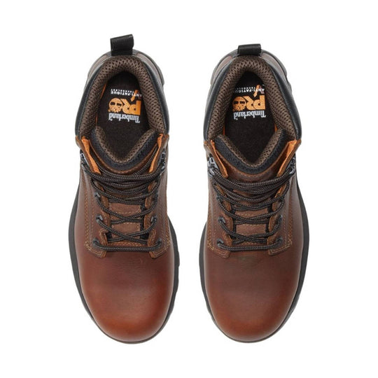 top view of brown leather work boots