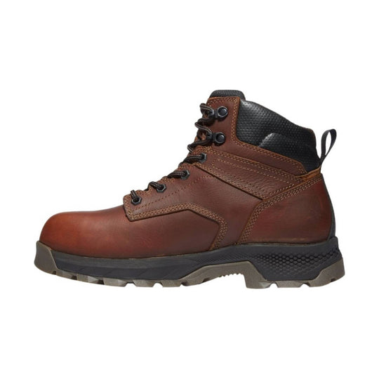 left side of brown leather work boot