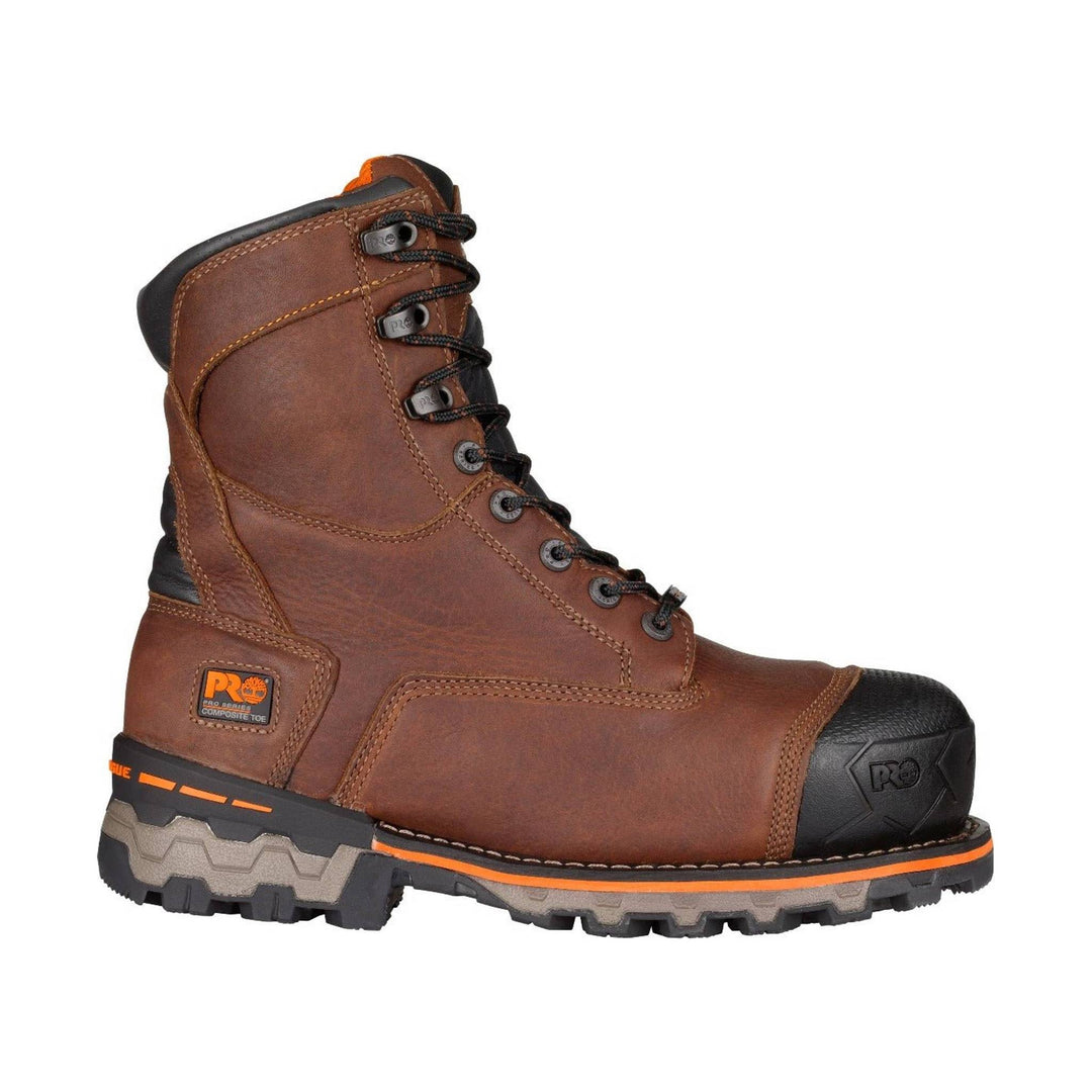 Brown lace-up work boot with black reinforced toe and treaded sole