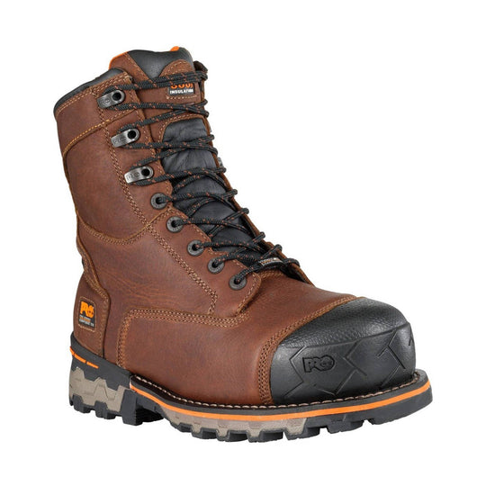 Brown insulated lace-up work boot with black toe cap and lug sole