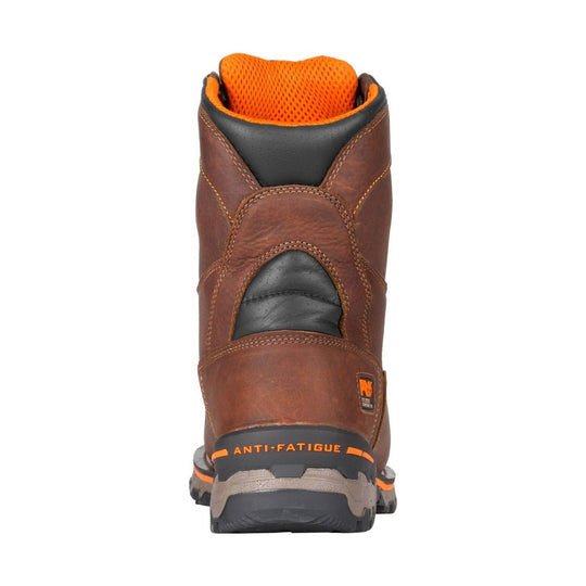 Brown leather work boot with orange lining, black padded collar, and visible anti-fatigue heel label