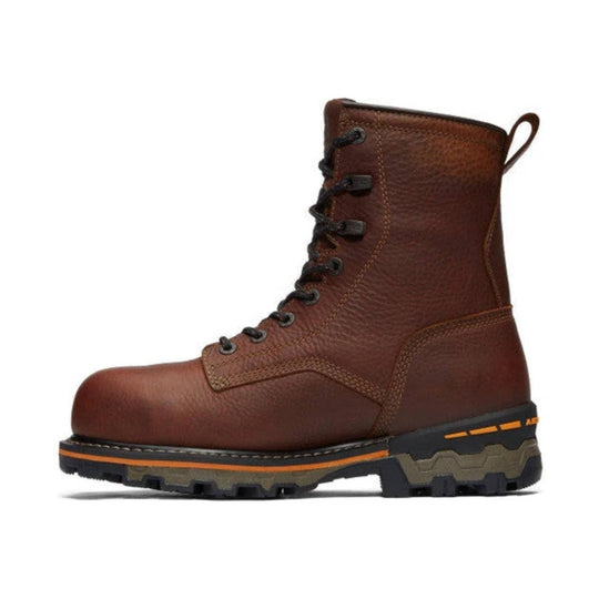 Brown lace-up work boot with a black lug sole and orange accent stripe