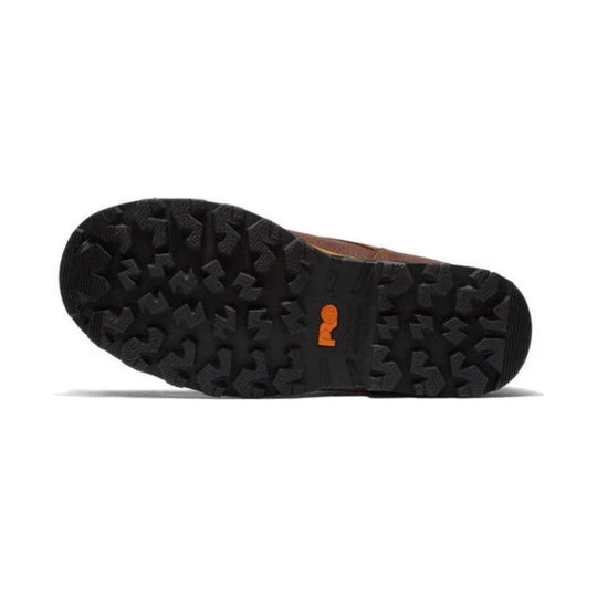 Black lugged boot outsole with an orange logo mark