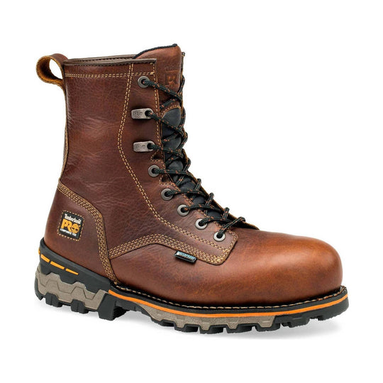 Brown leather lace-up work boot with a composite toe, pull loop, and rugged lug sole