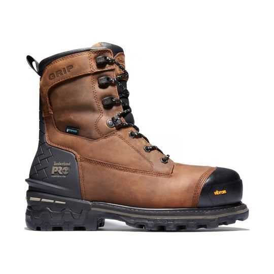Brown leather work boot with black laces