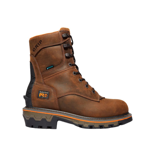 Brown leather lace-up work boot with black lug sole and visible GRIP and WATERPROOF labels