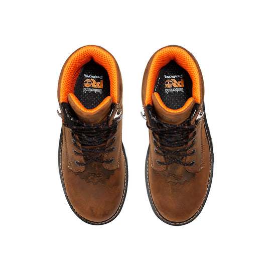 Brown leather work boots shown from above with bright orange padded collars and black-and-orange laces