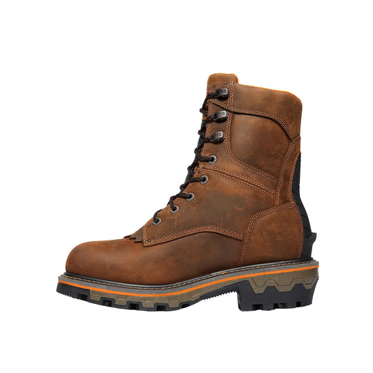Brown leather lace-up work boot with a thick lug sole and orange accent stripe