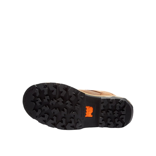 Black lugged boot outsole with Timberland PRO logo, viewed from below