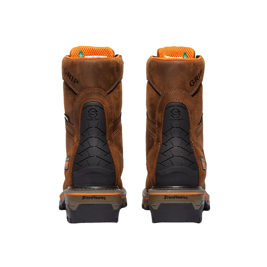 Pair of brown work boots shown from the back, with black rubber heel panels, orange lining, and GRIP branding