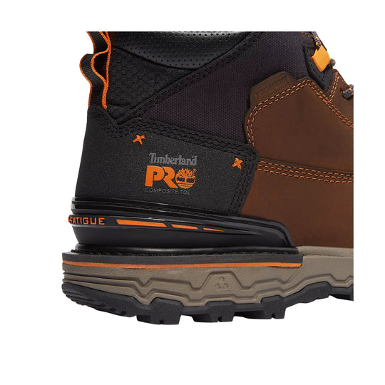 Black and brown work boot with orange accents, rugged sole, and Timberland PRO Composite Toe branding