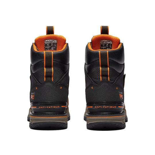 Back view of black work boots with orange lining and pull tabs