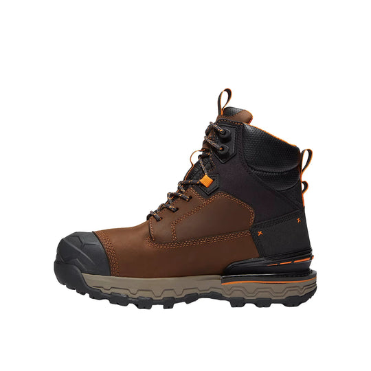 Brown and black composite-toe work boot with orange trim and lug sole