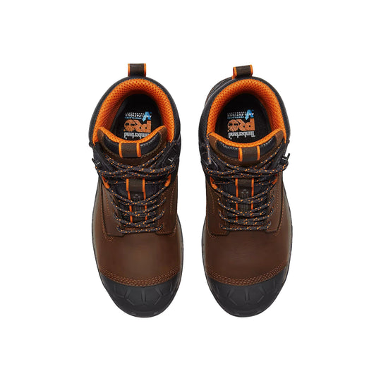 Pair of brown and black leather work boots with orange lining and padded collars, top view