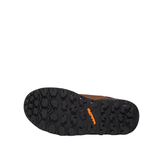 Black rugged boot sole with deep tread and orange Timberland Pro logo