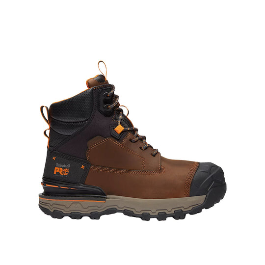 Brown and black lace-up work boot with a composite toe and rugged lug sole