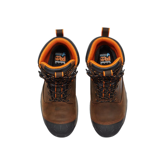 Pair of brown leather work boots with black rubber toes, orange lining, and bungee laces