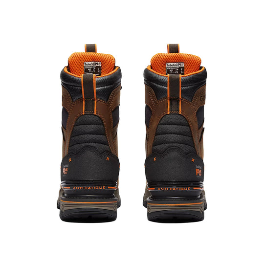 Pair of brown and black work boots shown from the back, with orange lining and anti-fatigue soles
