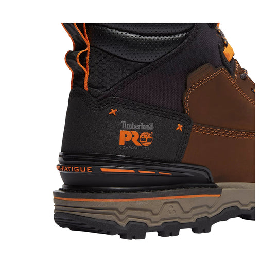 Black and brown work boot heel with orange stitching and sole marked Anti-Fatigue