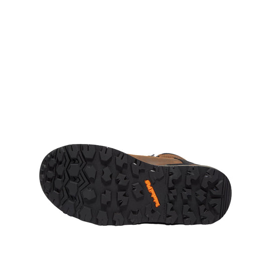 Black rugged boot outsole with deep tread and orange Timberland Pro branding