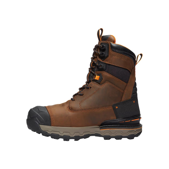 Brown and black lace-up work boot with rubber toe cap and rugged treaded sole