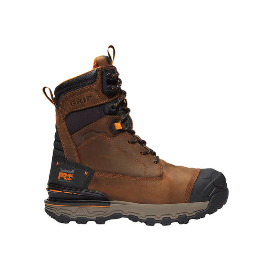 Brown and black insulated work boot with composite toe, rugged outsole, and side pull tabs