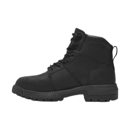 Black lace-up work boot with thick lug sole, side profile