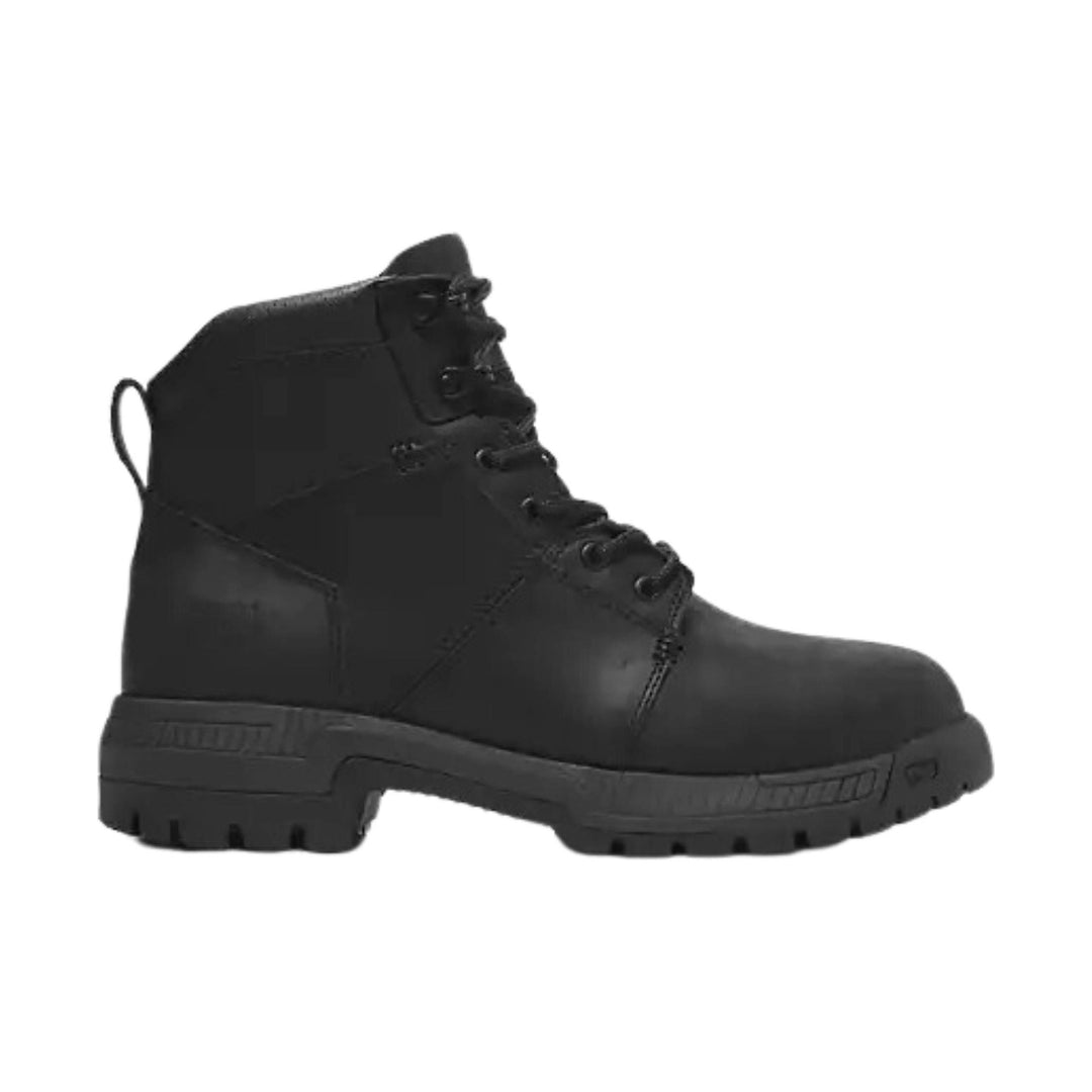 Black lace-up work boot with a thick lug sole, side pull loop, and steel toe shape