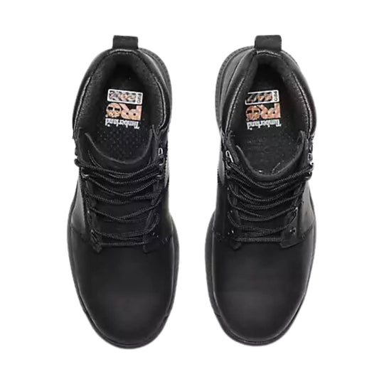 Black leather work boots with bungee laces, shown from above