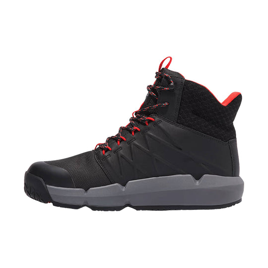 Black and red high-top work boot with gray sole and red-and-black laces
