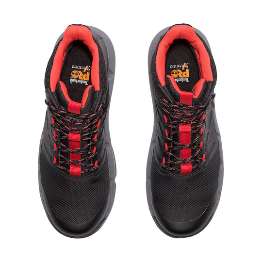 Black and red high-top work boots with bungee laces, shown from above.