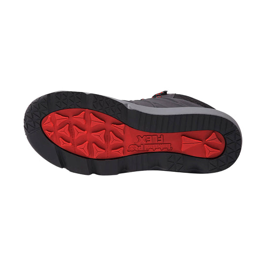 Black work boot outsole with red traction inserts and gray midsole, shown from below