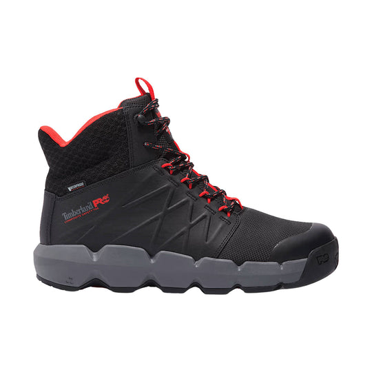 Black high-top waterproof work boot with red trim, black/red laces, and a gray lug sole