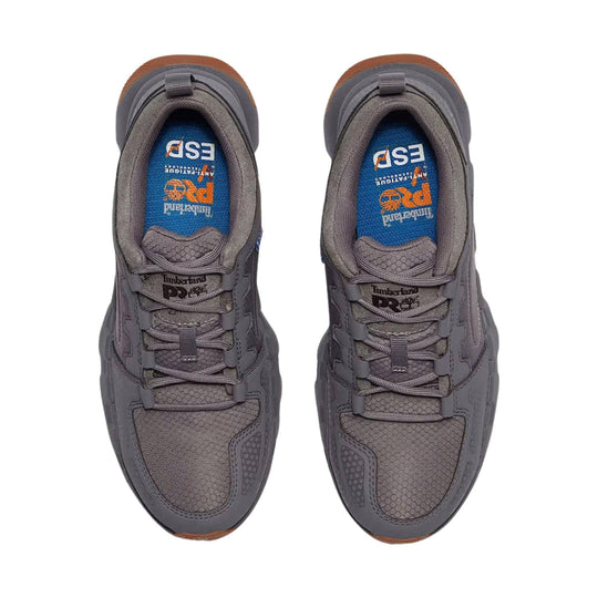 Grey low-top work shoes with mesh panels, gray laces, and blue insoles, shown from above