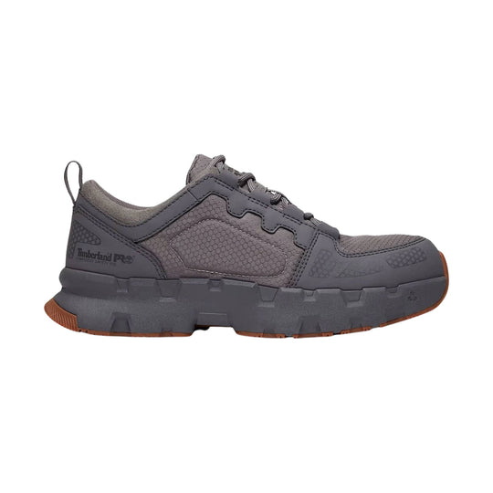 Gray low-top work shoe with composite safety toe, mesh panels, and thick lug sole