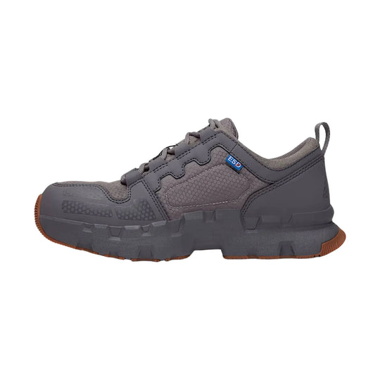 Gray composite-toe work shoe with rugged treaded sole, mesh panels, and pull tab