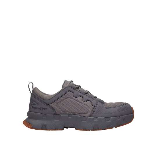 Gray low-top work shoe with black overlays, mesh panels, and a brown lug sole, shown in side view