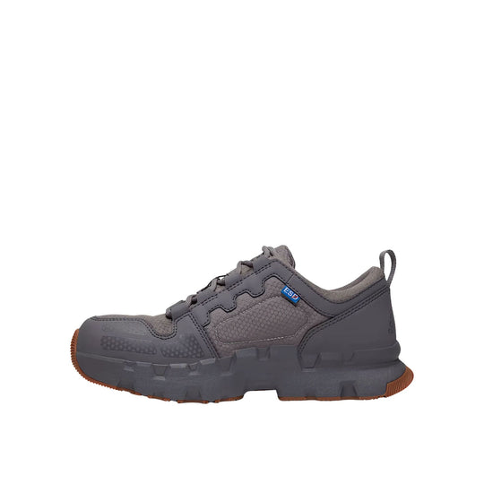 Gray low-top work shoe with a composite toe, black textured overlays, and a brown sole