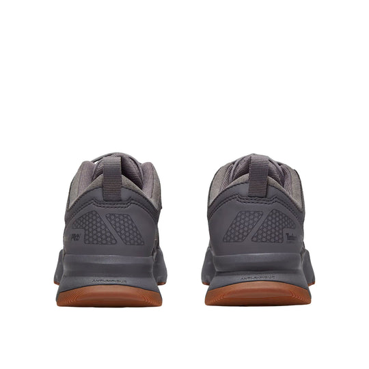 Pair of gray work shoes shown from the back with brown soles, heel pull tabs, and honeycomb heel panels.
