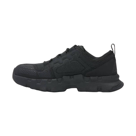 Black low-top work shoe with mesh upper, reinforced toe, thick sole, and heel pull tab