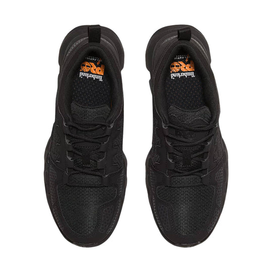 Black athletic work shoes with laces and pull tabs, shown from above