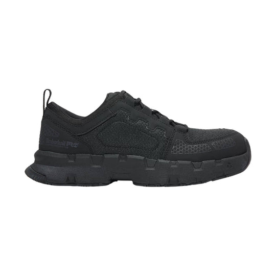 Black low-top work shoe with textured mesh panels, lace-up front, and thick lugged sole