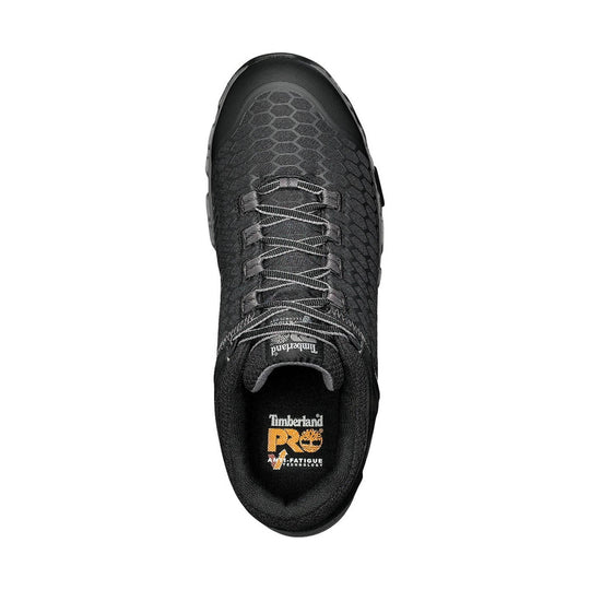 top view of black work shoe with black laces