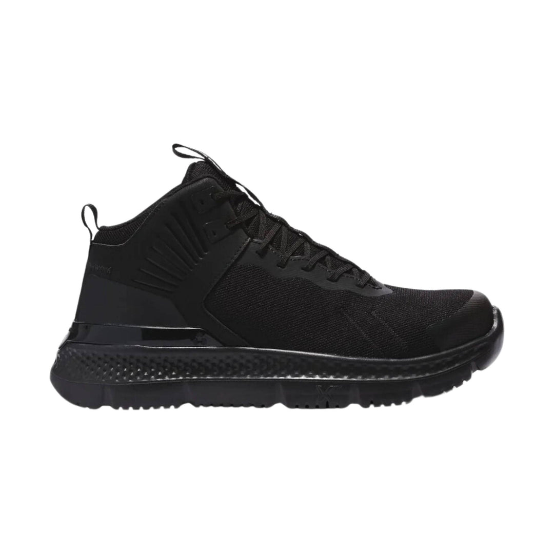 Black high-top athletic work shoe with laces and a thick textured sole