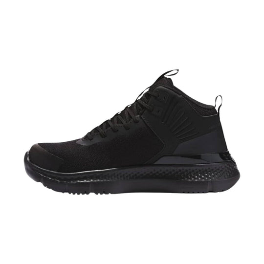 Black high-top athletic work shoe with a knit upper, lace-up front, and thick cushioned sole