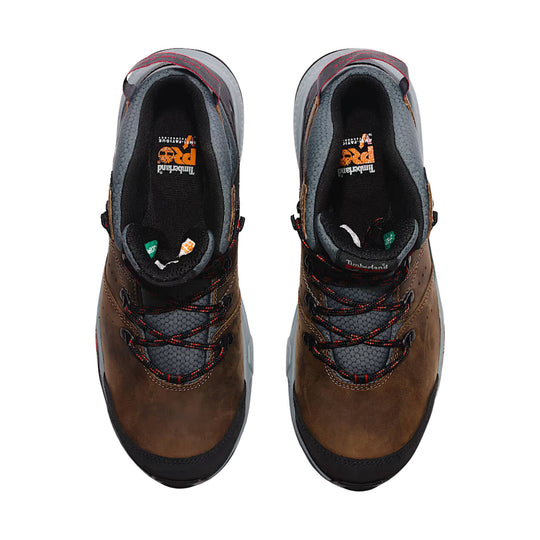 Top view of a pair of brown and gray waterproof work boots with black-and-red laces