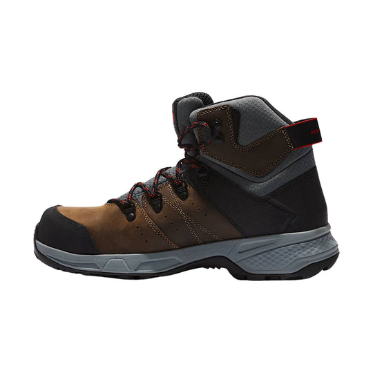 Brown and black mid-cut work boot with gray padded collar, red-accent laces, and composite toe