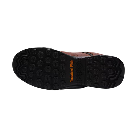 Black lugged boot outsole with orange Timberland PRO branding and brown leather upper visible